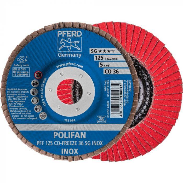 POLIFAN-Fächerscheibe - PFERD - CO-FREEZE - Flache Ausführung PFF - Außen-Ø 125 mm - SG INOX - VE 10 Stück - Preis per VE - max. RPM 12200 - Korn