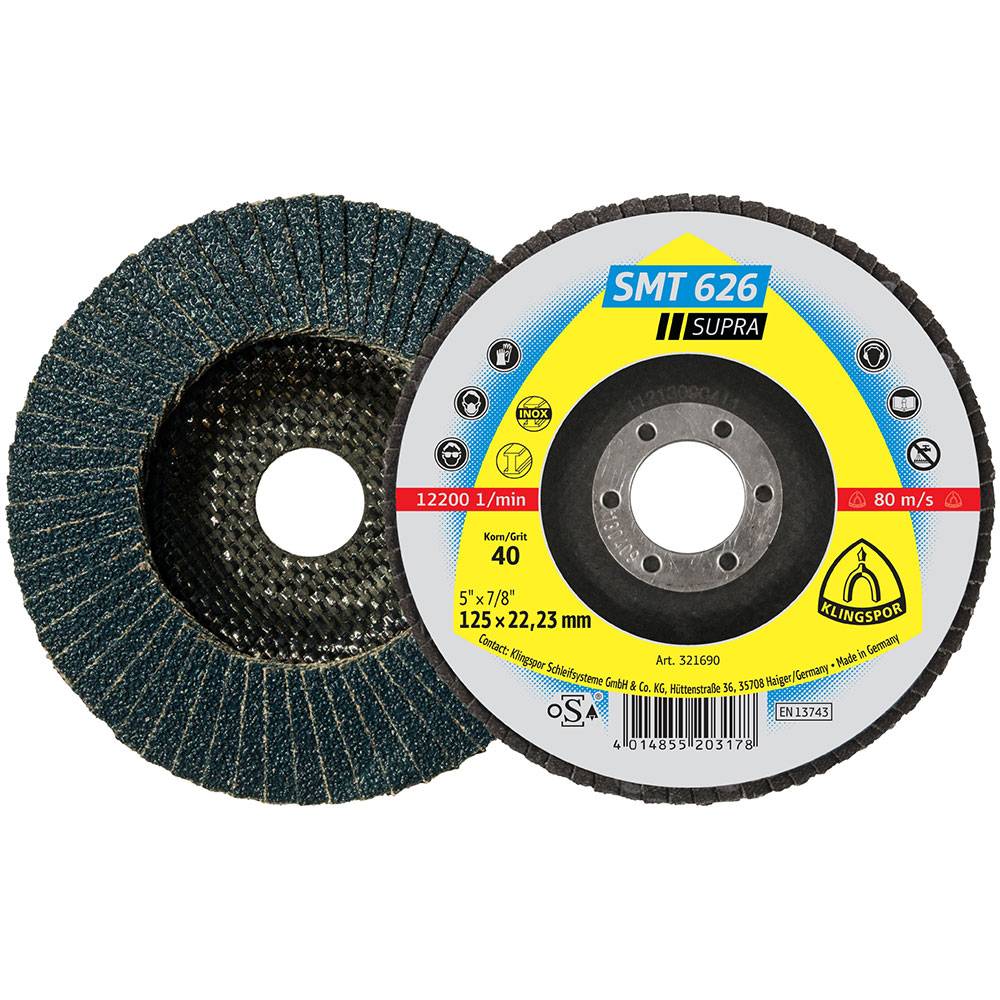 Schleifmopteller, gewölbt - für Stahl/Edelstahl - Ø 180 mm - Korn K 40, Zirkonkorund - SMT 626 SUPRA - Bohrung 22,23 mm - bis 8500 U/min - 10 Stüc
