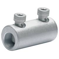 Ein zylindrischer Metallverbinder mit zwei Schraubbefestigungen oben, der zum Verbinden von elektrischen Schutzrohren verwendet wird.