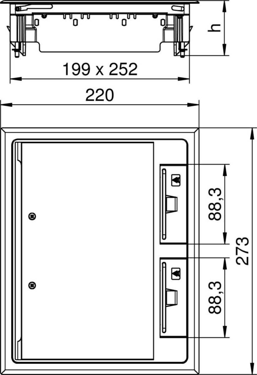 Eine technische Zeichnung, die die Abmessungen eines rechteckigen Panels zeigt: Breite 199 x 252, Höhe 273, mit markierten Abschnitten 220, 88,3 und 88,3.