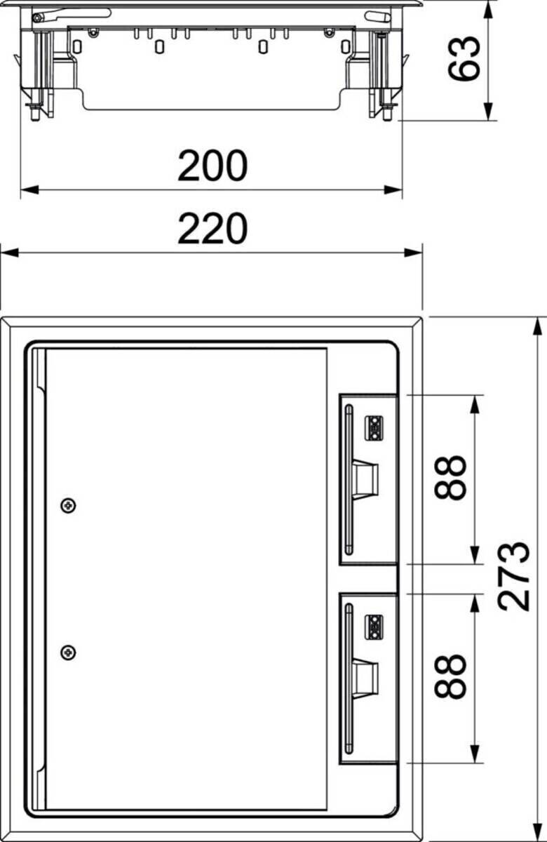 Technische Zeichnung eines rechteckigen Panels mit Abmessungen: 220 mm Breite, 273 mm Höhe. Zwei Bereiche sind jeweils mit 88 mm gekennzeichnet.