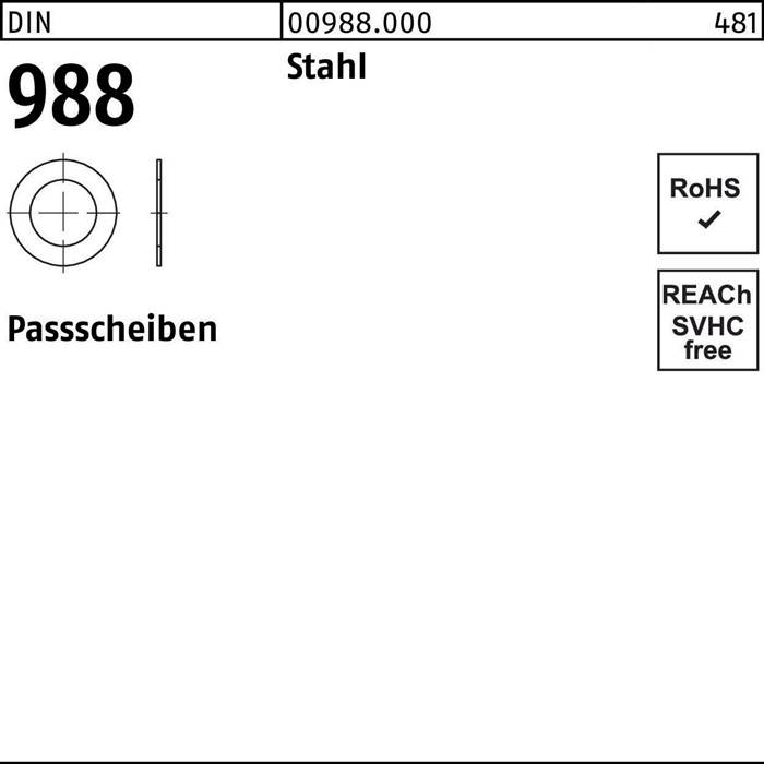Eine technische Zeichnung eines scheibenförmigen Metallteils, beschriftet mit 'Passscheiben', mit 'Stahl', 'RoHS' und 'SVHC frei' auf der rechten Seite.