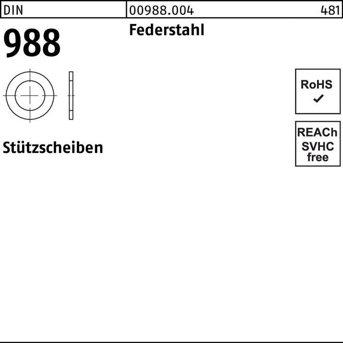 DIN 988 Federstahl Stützscheiben, mit kreisförmiger Unterlegscheiben-Darstellung und Spezifikationen. RoHS- und REACH-Konformitätsprüfungen gekennzeichnet.