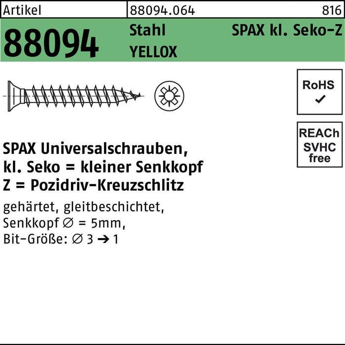 Etikett für SPAX-Schrauben, Artikel 88094.064, Stahl, mit Spezifikationen: 3 bis 5x1 Gewinde, Kreuzschliff-Kopf, kompatibel mit Pozidriv.
