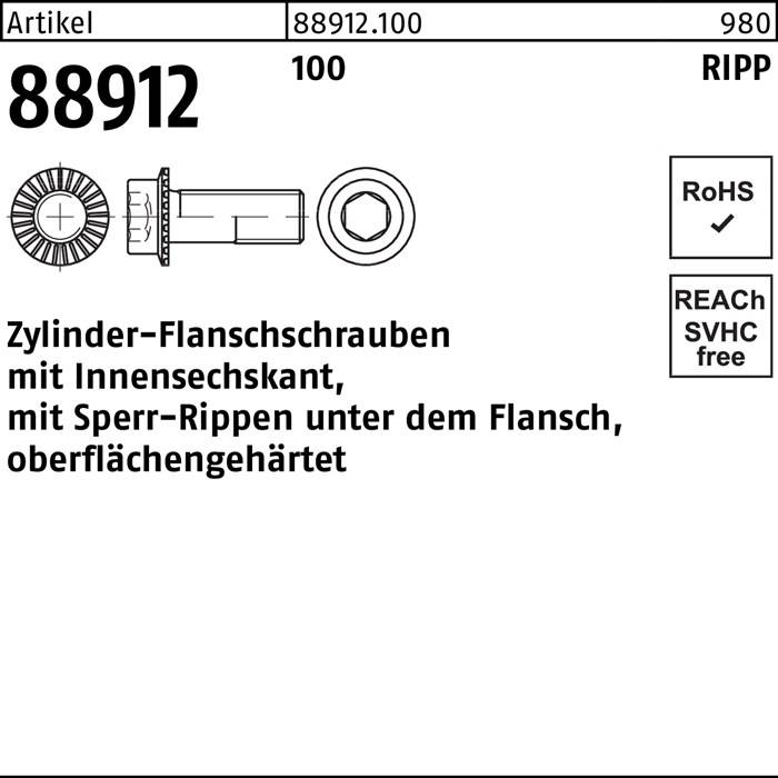 Zylinderflanschschraube R 88912 Sperr-Ripp Innen-6kt M12x 20 100 100 Stück