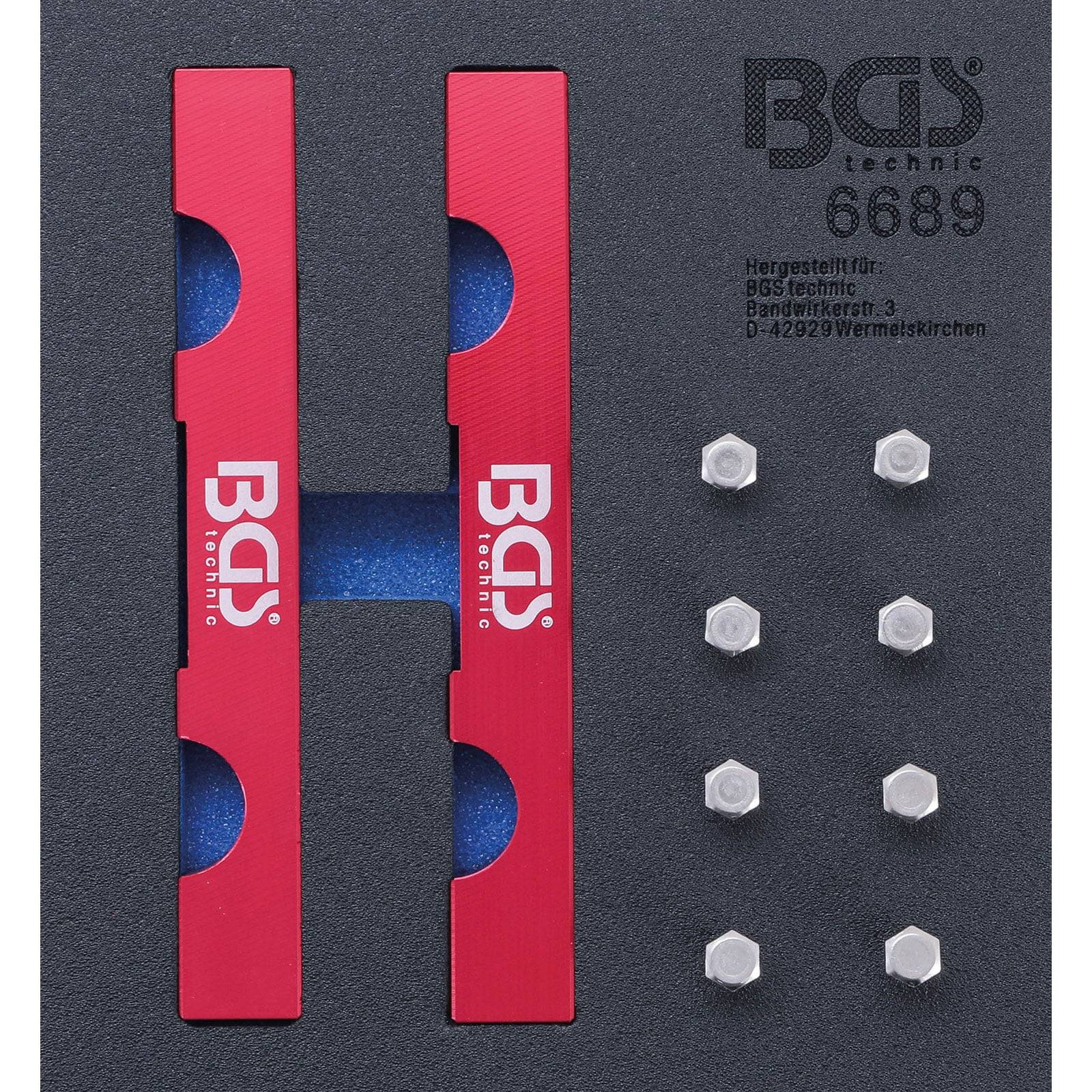 BGS technic 6689' Werkzeugsatz mit roten Metallkomponenten und acht Sechskantmuttern, auf grauem Hintergrund mit Markierungstext präsentiert.