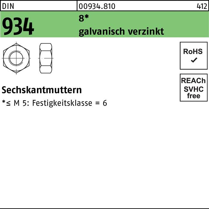 Sechskantmutter DIN 934 M12 8 galv.verz. 100 Stück