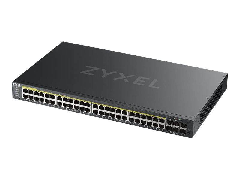 Schwarzer Zyxel Netzwerk-Switch mit 48 Ethernet-Ports und zusätzlichen Uplink-Ports, abgebildet auf weißem Hintergrund.