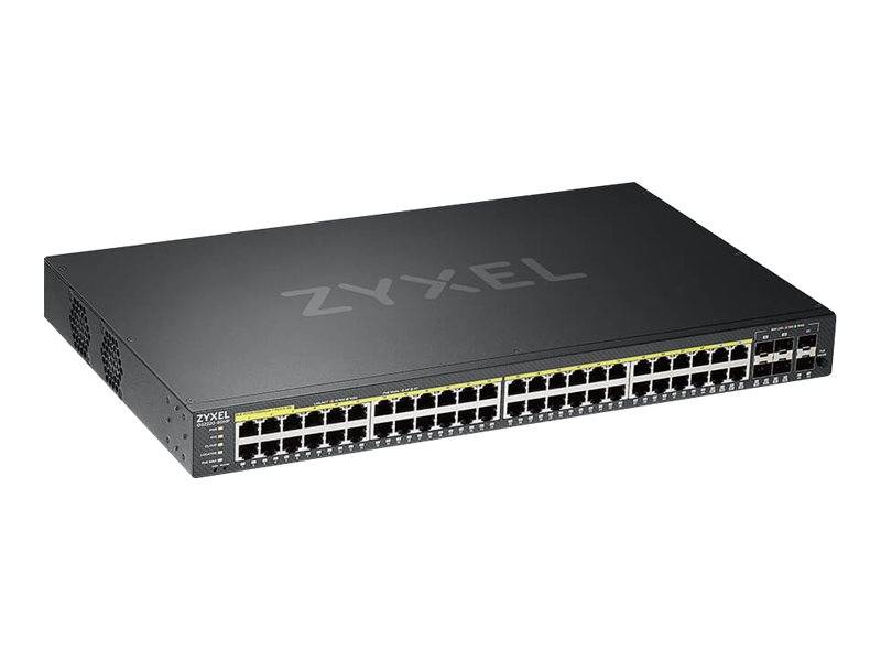 Schwarzer Zyxel-Rackmontagenetzwerk-Switch mit mehreren Ethernet-Anschlüssen auf der Frontplatte.