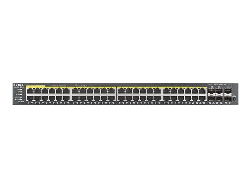 Vorderansicht eines Zyxel-Rack-Mount-Ethernet-Switches mit vielen RJ45-Anschlüssen und einigen Uplink-Ports auf der rechten Seite.