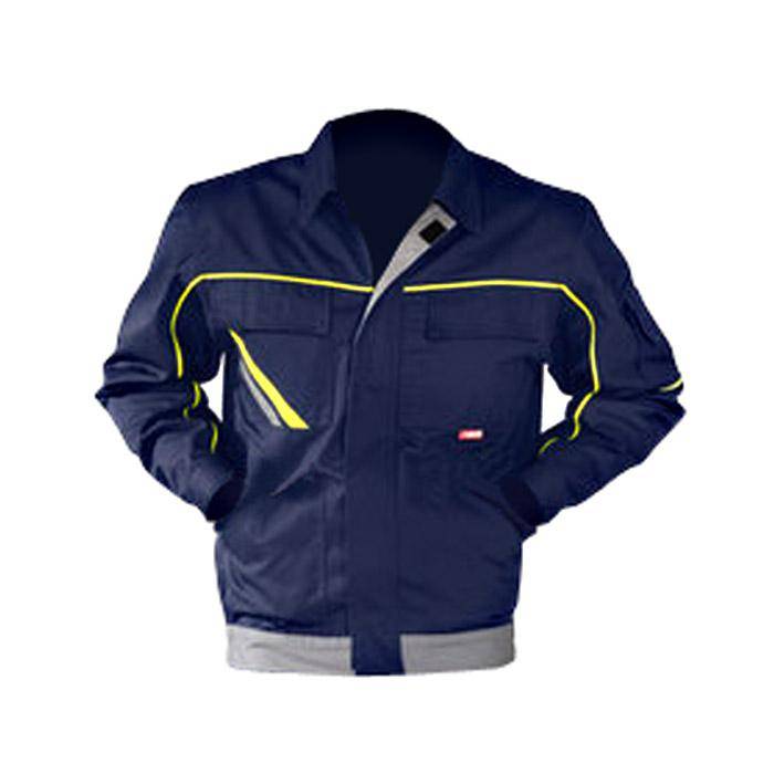 Eine dunkelblau Arbeitsjacke mit reflektierenden gelben Streifen um die Schultern und Taschen, die für Sichtbarkeit und Sicherheit konzipiert ist.