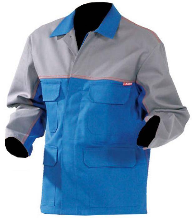 Eine zweifarbige Arbeitsjacke mit langen Ärmeln, die einen grauen oberen Bereich und einen blauen unteren Bereich aufweist und für industrielle Zwecke konzipiert ist.