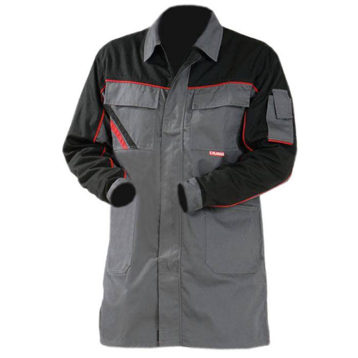 Graue und schwarze langärmelige Arbeitsjacke mit roten Akzenten, ausgestattet mit mehreren Taschen an der Vorderseite und am Ärmel, geeignet für Handwerksarbeiten.