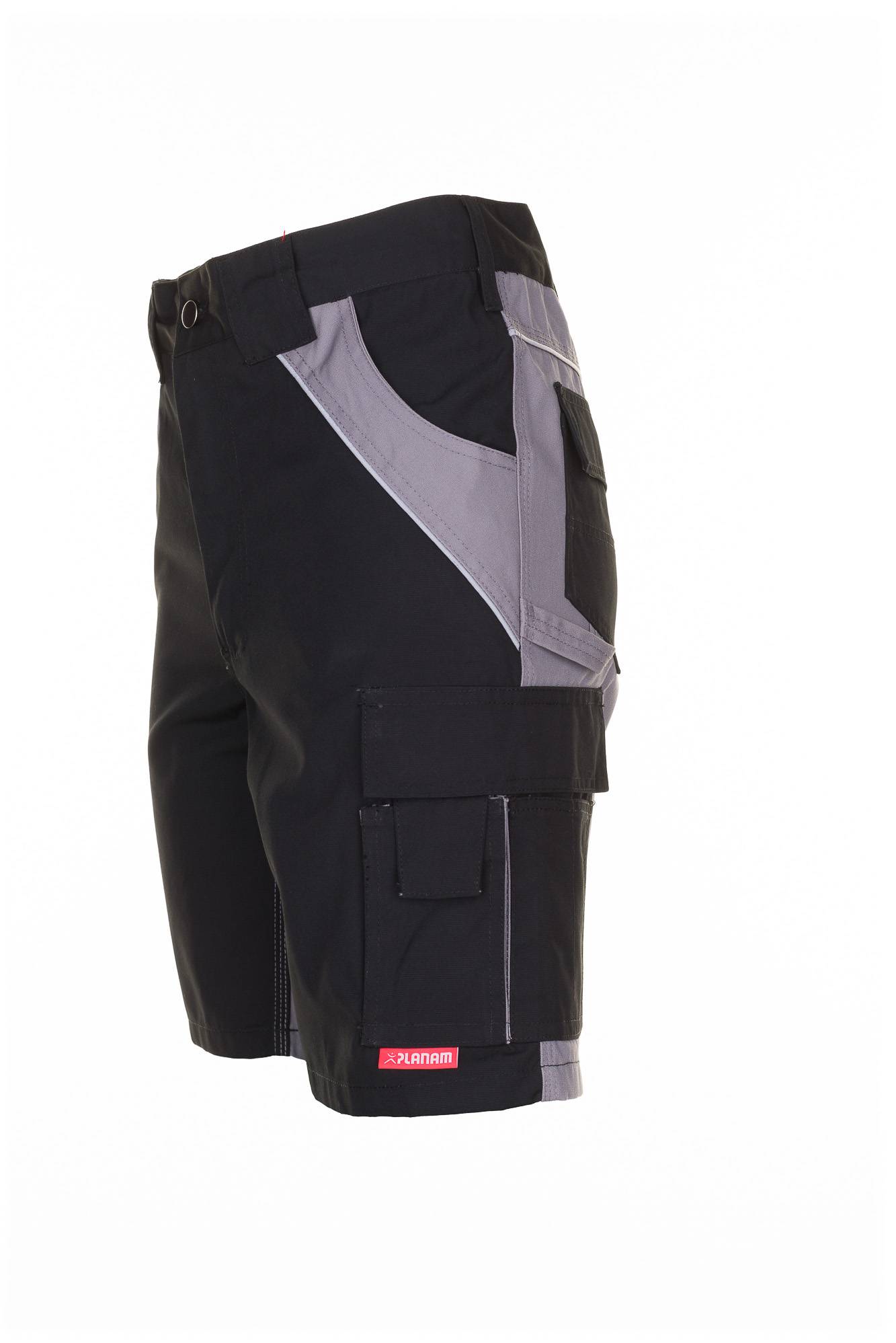 Schwarze und graue Arbeitsshorts mit Cargotaschen und verstärkten Einsätzen, auf weißem Hintergrund dargestellt.