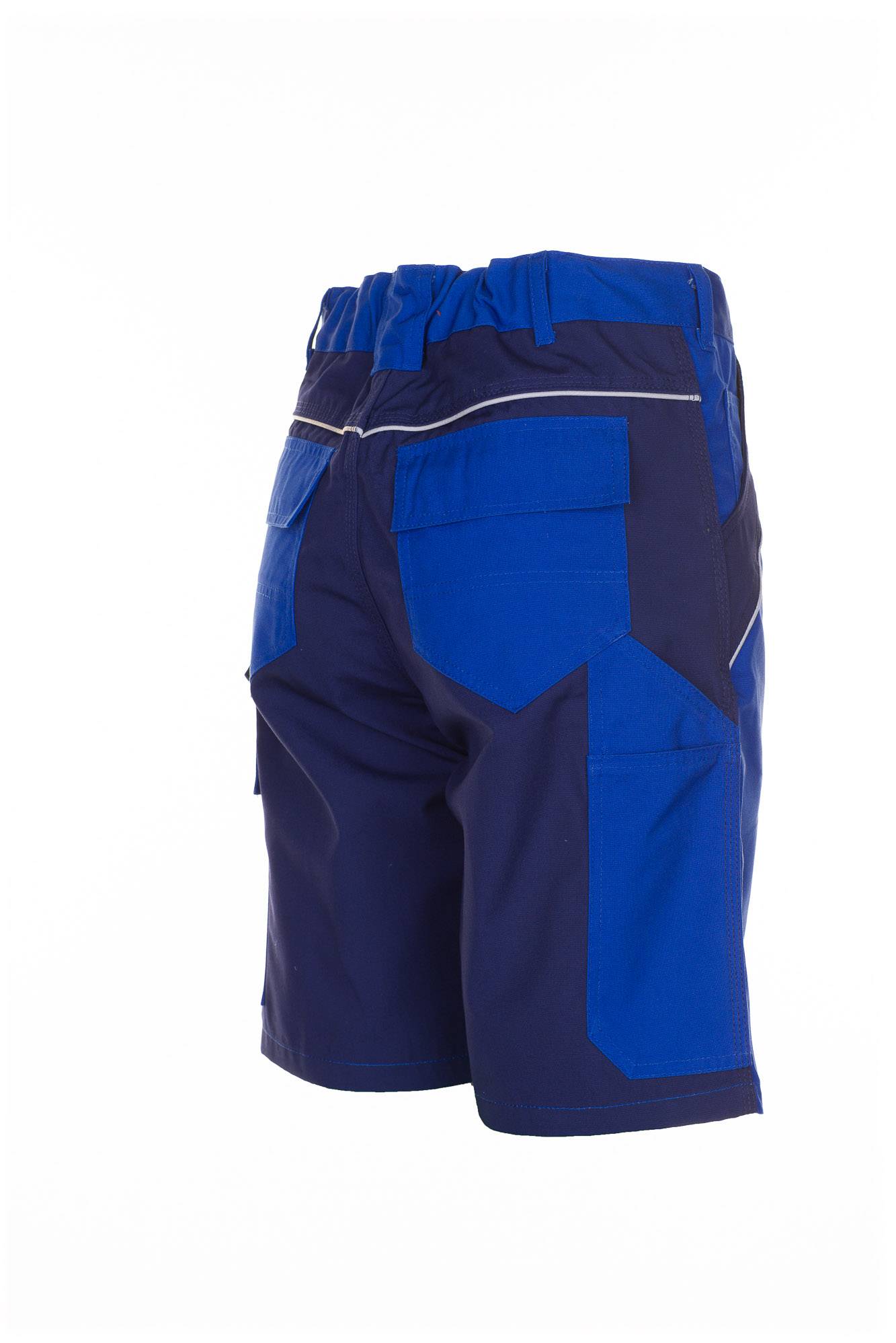 Blaue und dunkelblau athletische Shorts mit elastischem Bund und Seitentaschen, gezeigt auf einfachem weißem Hintergrund.