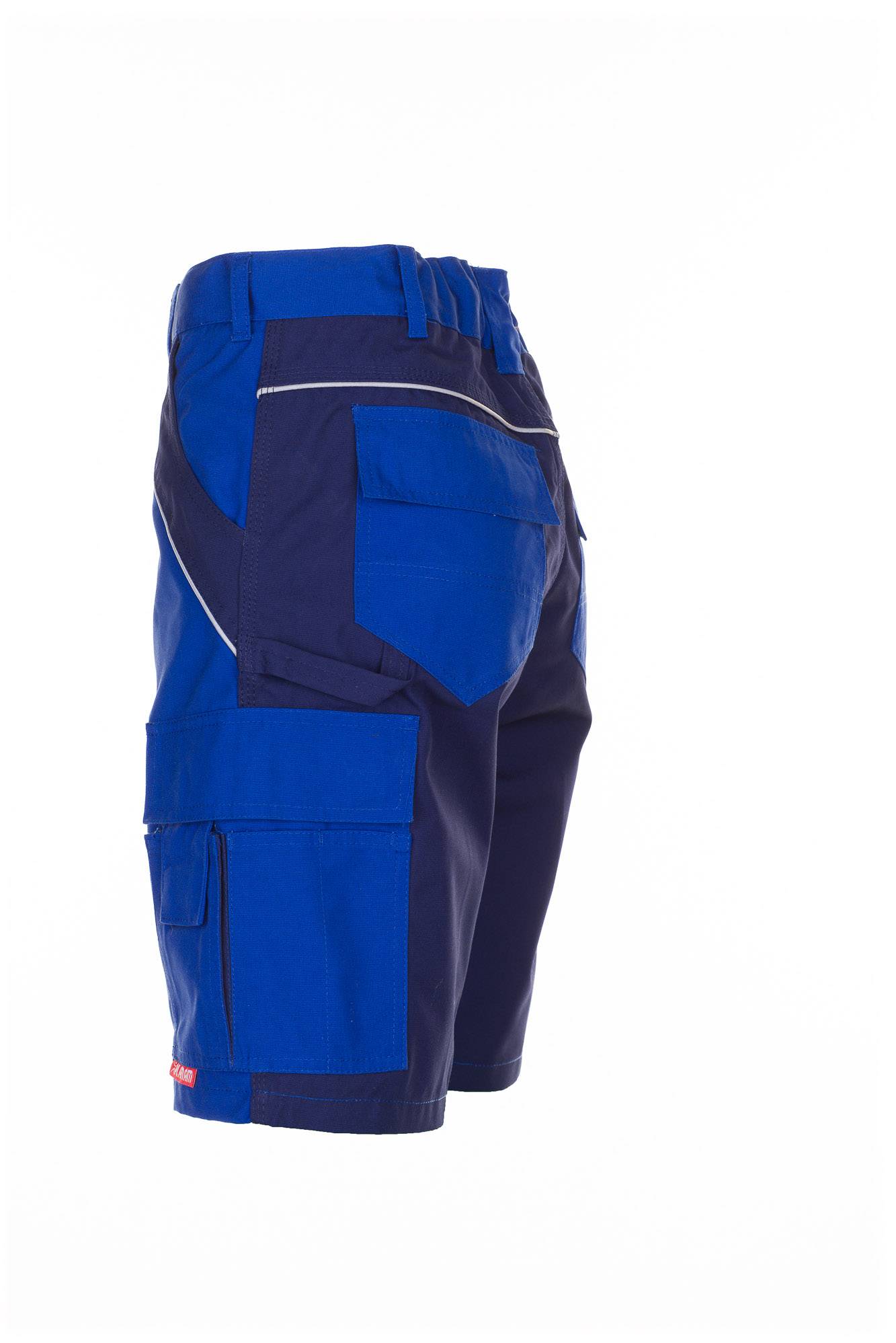 Blaue und marineblaue Arbeitsshorts mit mehreren Cargo-Taschen, auf weißem Hintergrund gezeigt.