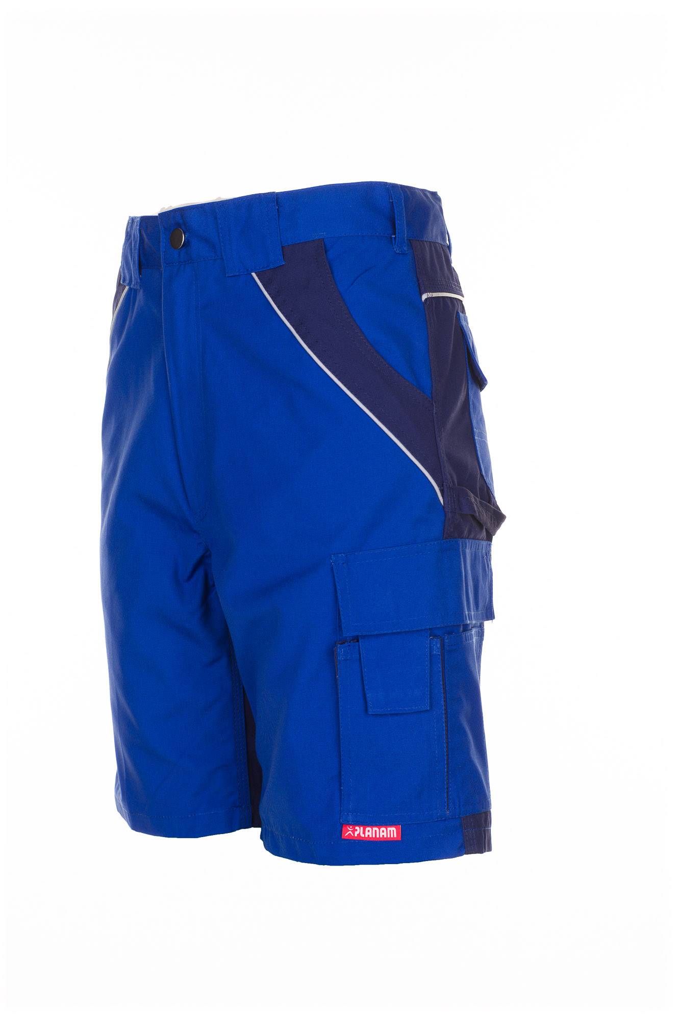 Blaue Arbeitshorts mit mehreren Taschen und reflektierendem Seitenstreifen, auf weißem Hintergrund abgebildet.