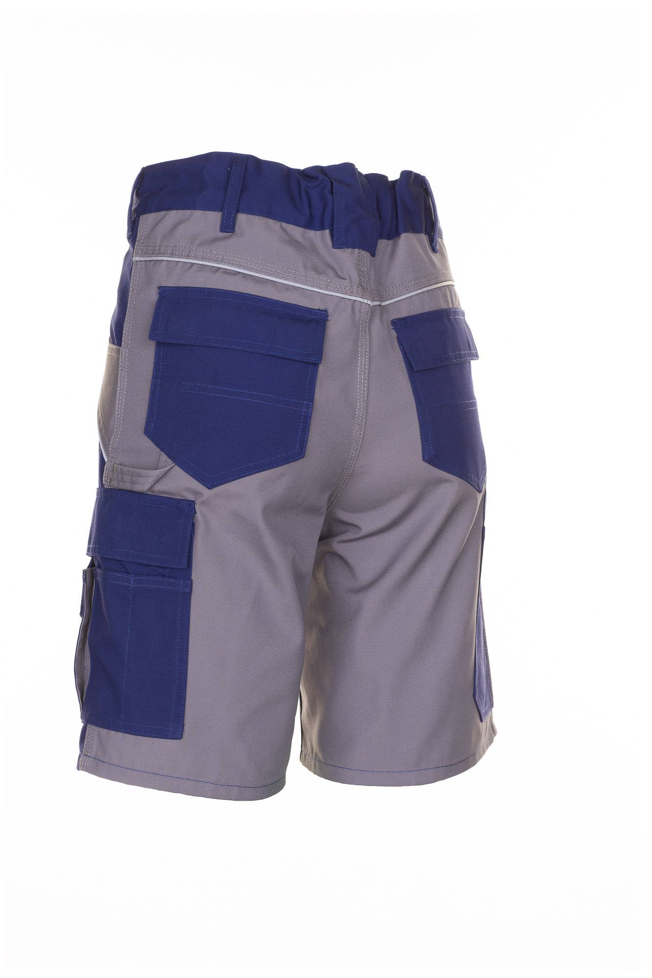 Graue und dunkelblau Cargoshorts mit mehreren Taschen, Vorderansicht auf weißem Hintergrund.
