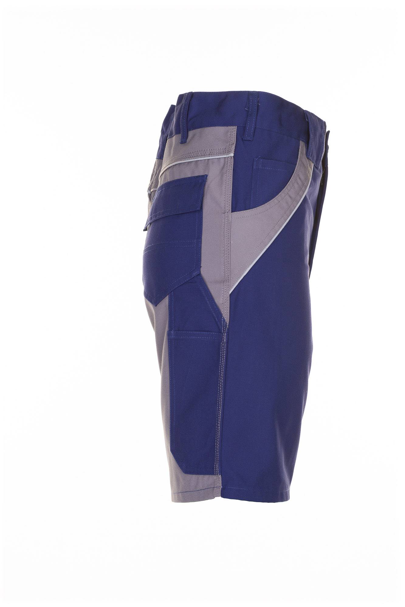Blaue und graue Sportshorts in Seitenansicht auf weißem Hintergrund.