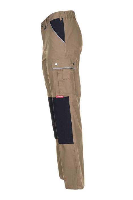 Seitenansicht von beiger Cargo-Arbeitshose mit schwarzen Kniepartien und Taschen.