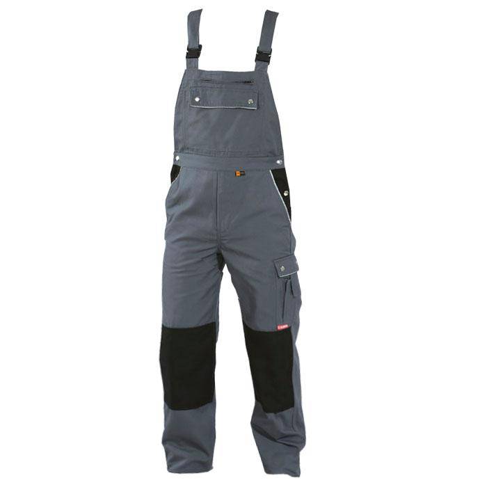 Ein Paar grau-schwarze Arbeitsoveralls mit verstellbaren Schultergurten und mehreren Taschen, konzipiert für Funktionalität und Langlebigkeit.