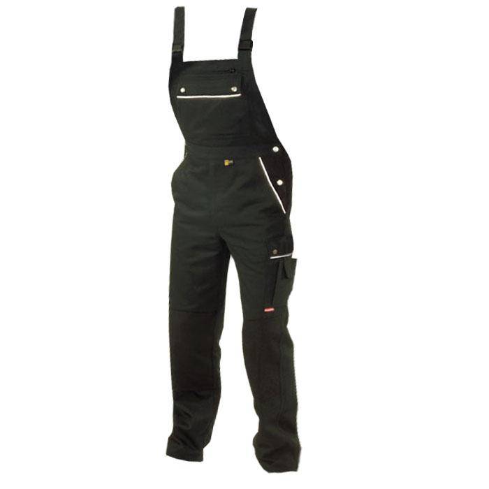 Schwarze Arbeitsoveralls mit verstellbaren Trägern, mehreren Taschen und verstärkten Knien, entworfen für Langlebigkeit und Komfort bei manueller Arbeit.