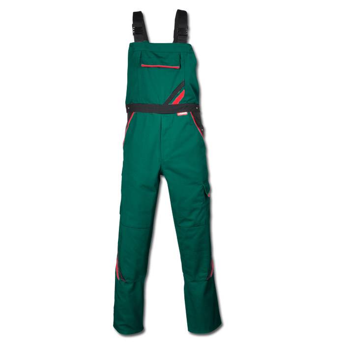 Arbeitslatzhose - Gr. 70 - grün/schwarz - Streifen schwarz/rot - 65% Polyester - 35% Baumwolle - ca. 285 g/m² - strapazierfähig -"Highline"