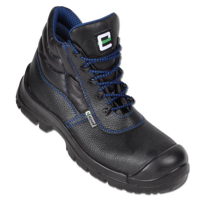 Schwarzer High-Top-Arbeitsschuh mit blauer Naht und Schnürsenkeln, gezeigt auf weißem Hintergrund.