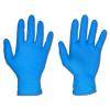 Zwei blaue Einweghandschuhe, einer für jede Hand, mit der Handfläche nach oben vor einem weißen Hintergrund.