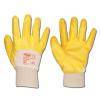 Zwei gelbe Arbeitshandschuhe mit weißen Manschetten, mit der Handfläche nach oben ausgelegt, zeigen das Größenetikett auf dem linken Handschuh.