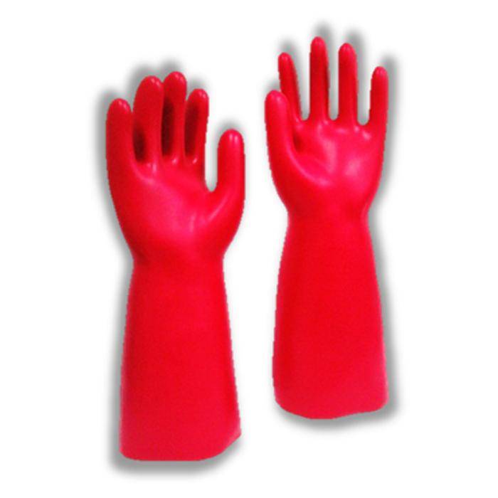 Rote Gummihandschuhe, Handgelenkslänge, beide aufrecht.