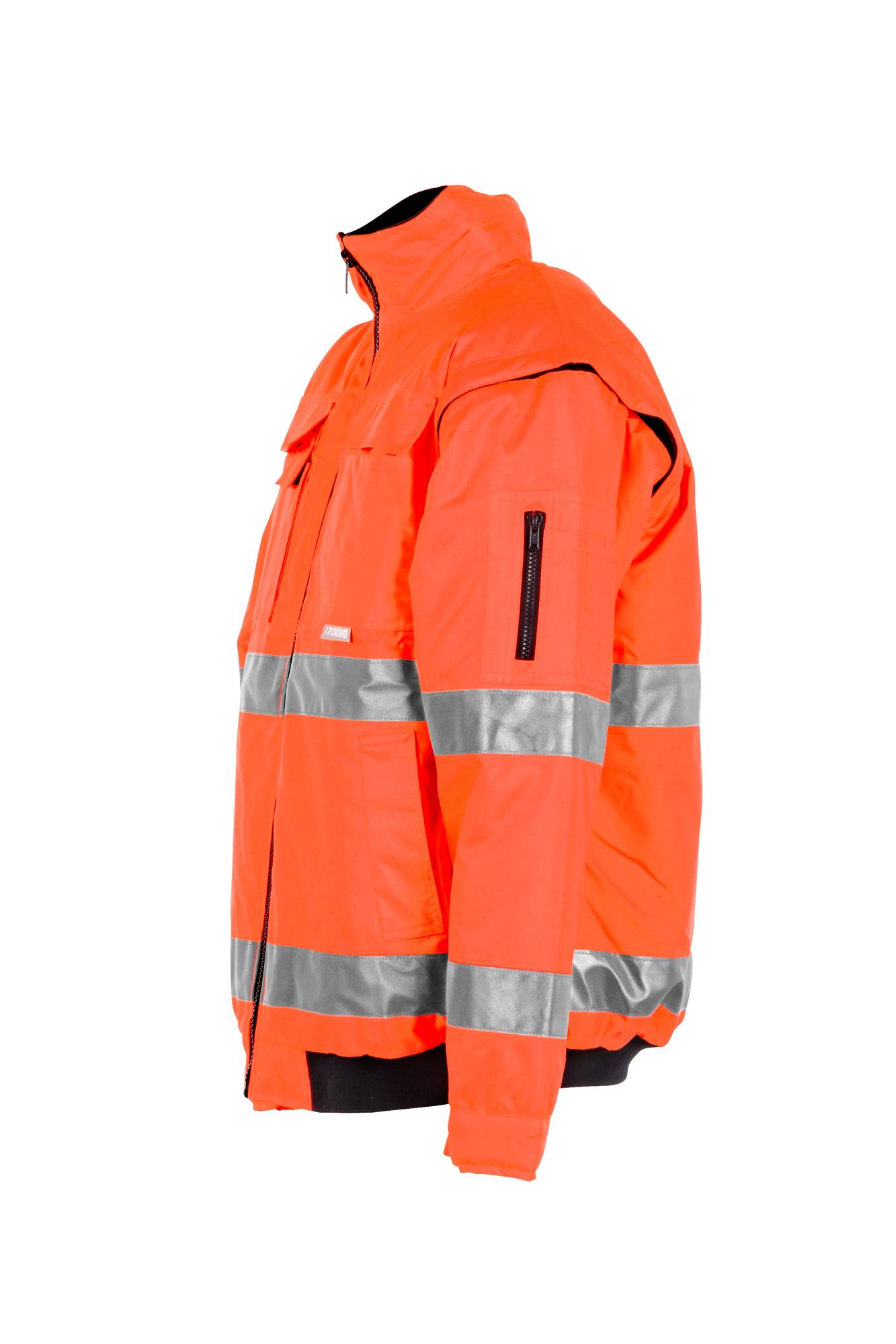 Orange Sicherheitsjacke mit reflektierenden silbernen Streifen, auf einfachem weißem Hintergrund gezeigt.