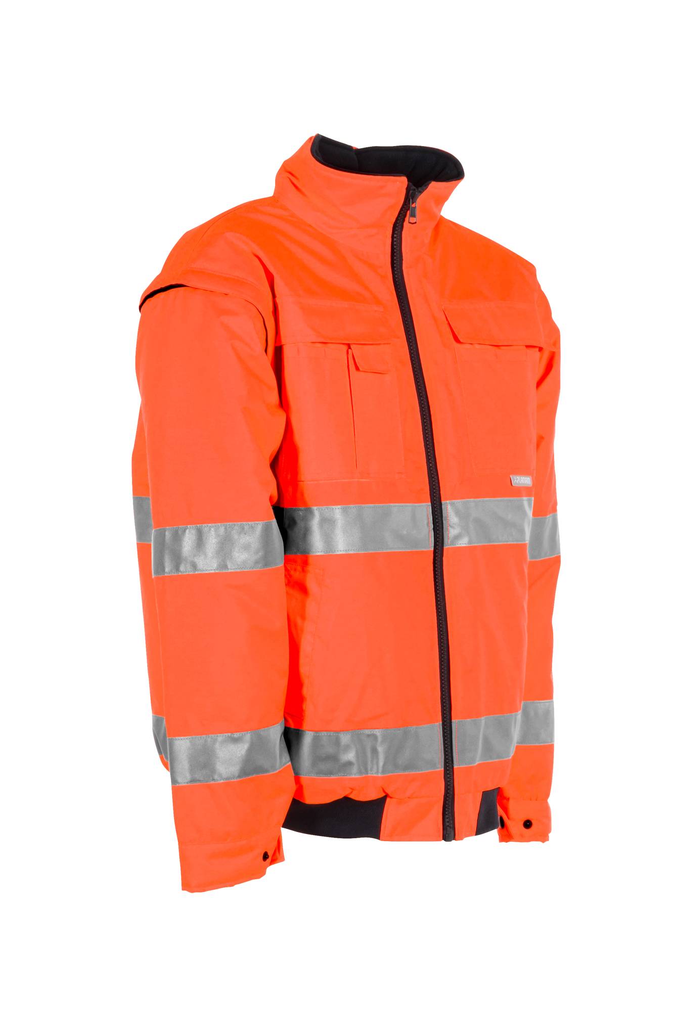 Leuchtend orangefarbene Warnschutzjacke mit reflektierenden grauen Streifen, schwarzem Reißverschluss und Stehkragen auf weißem Hintergrund.