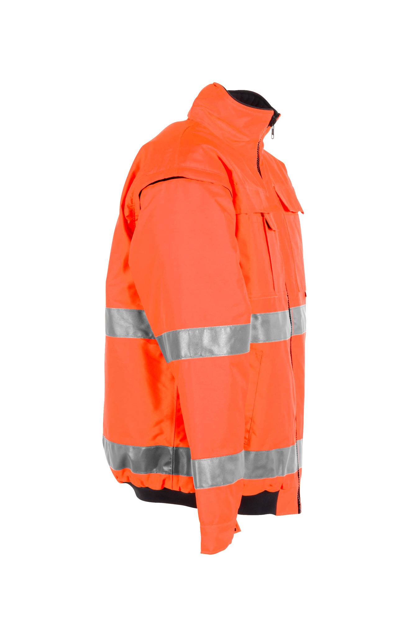 Leuchtend orangefarbene Arbeitsschutzjacke mit silbernen reflektierenden Streifen, gezeigt auf einem weißen Hintergrund.