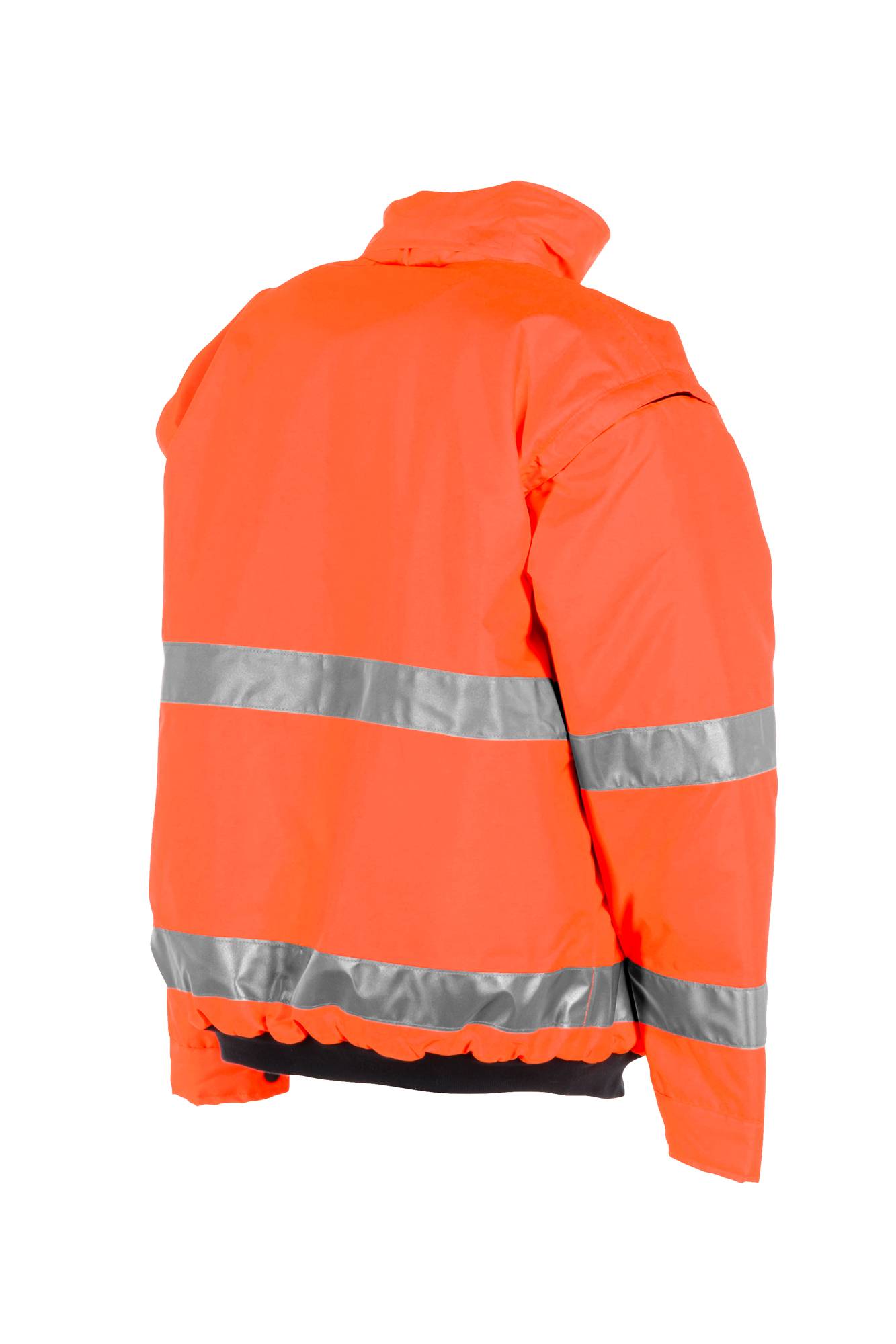 Leuchtend orangefarbene Sicherheitsweste mit hoher Sichtbarkeit mit reflektierenden silbernen Streifen, von hinten auf weißem Hintergrund gezeigt.