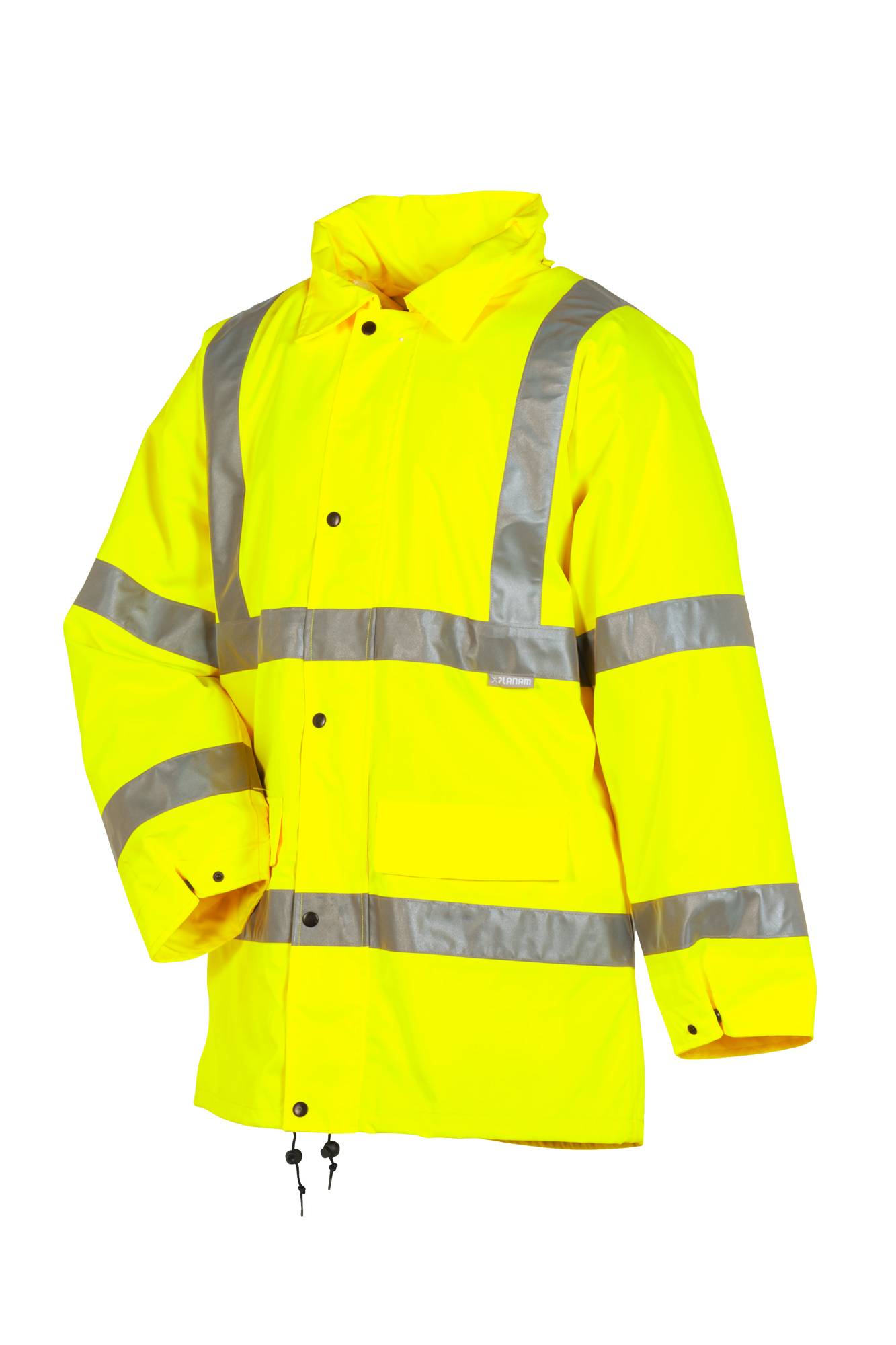 Leuchtend gelbe, hochsichtbare wasserdichte Jacke mit reflektierenden silbernen Streifen, Vorderansicht auf weißem Hintergrund.
