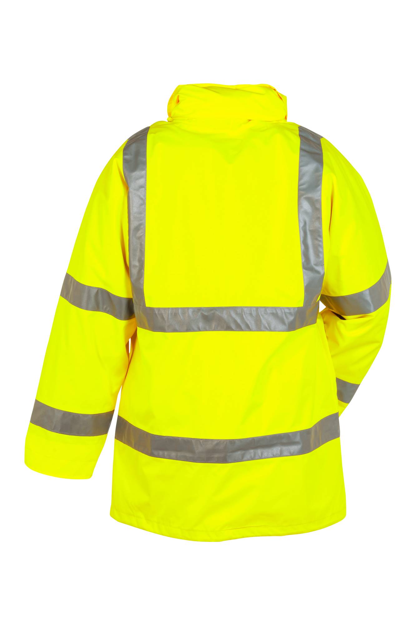 Hochsichtbare Neongelbe Sicherheitsjacke mit reflektierenden silbernen Streifen, von hinten auf weißem Hintergrund gezeigt.
