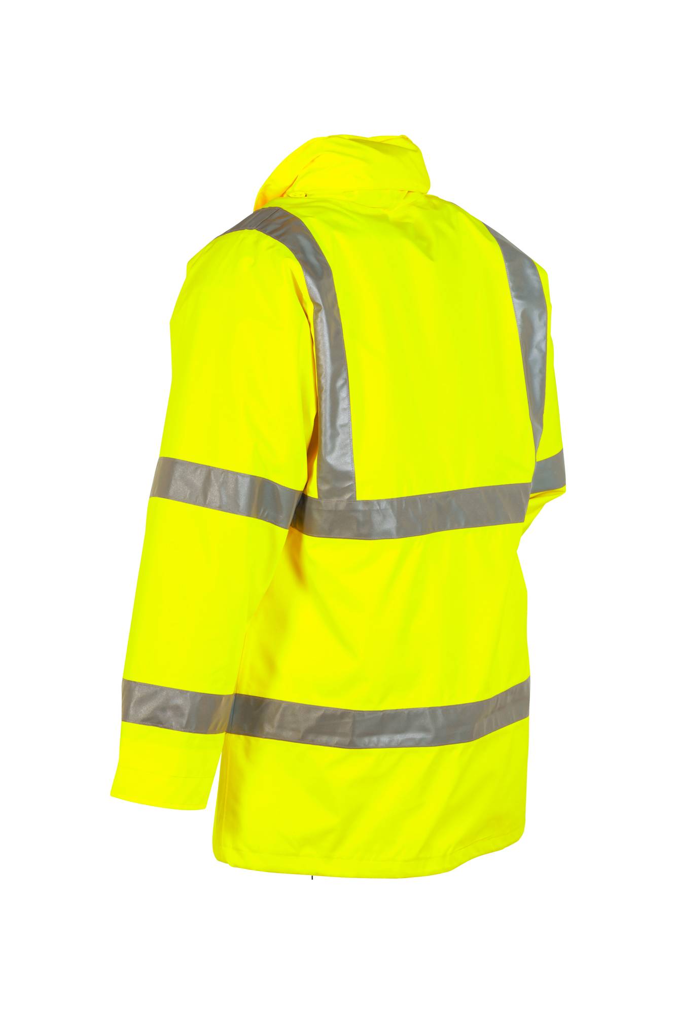 Hochsichtbar gelbe Sicherheitsjacke mit Kapuze und reflektierenden silbernen Streifen, von hinten auf weißem Hintergrund gezeigt.