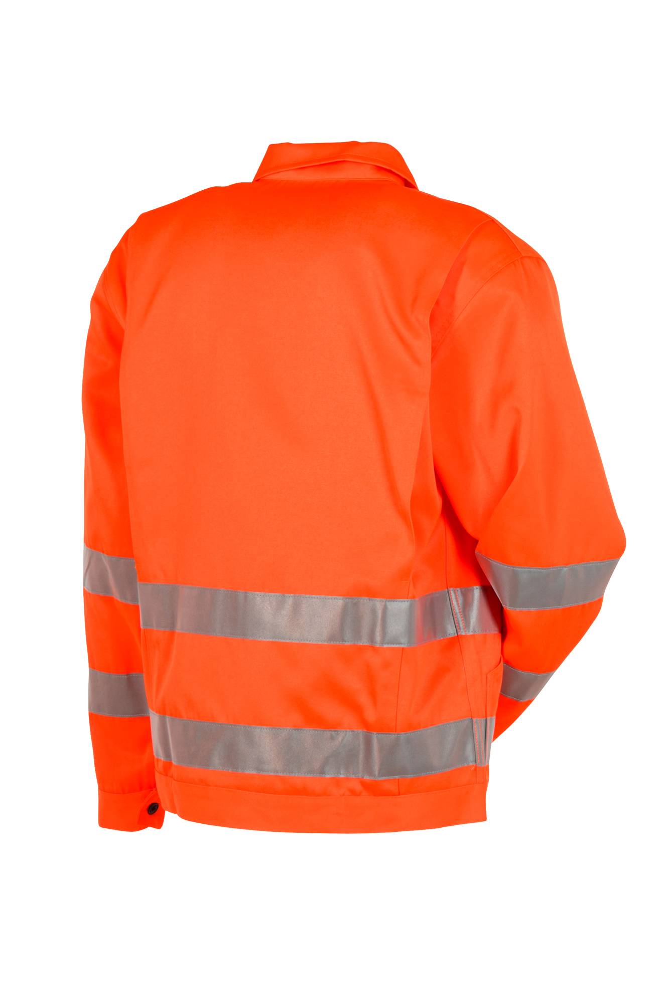 Leuchtend orange Arbeitsjacke mit hoher Sichtbarkeit und reflektierenden silbernen Streifen, von hinten auf weißem Hintergrund gezeigt.