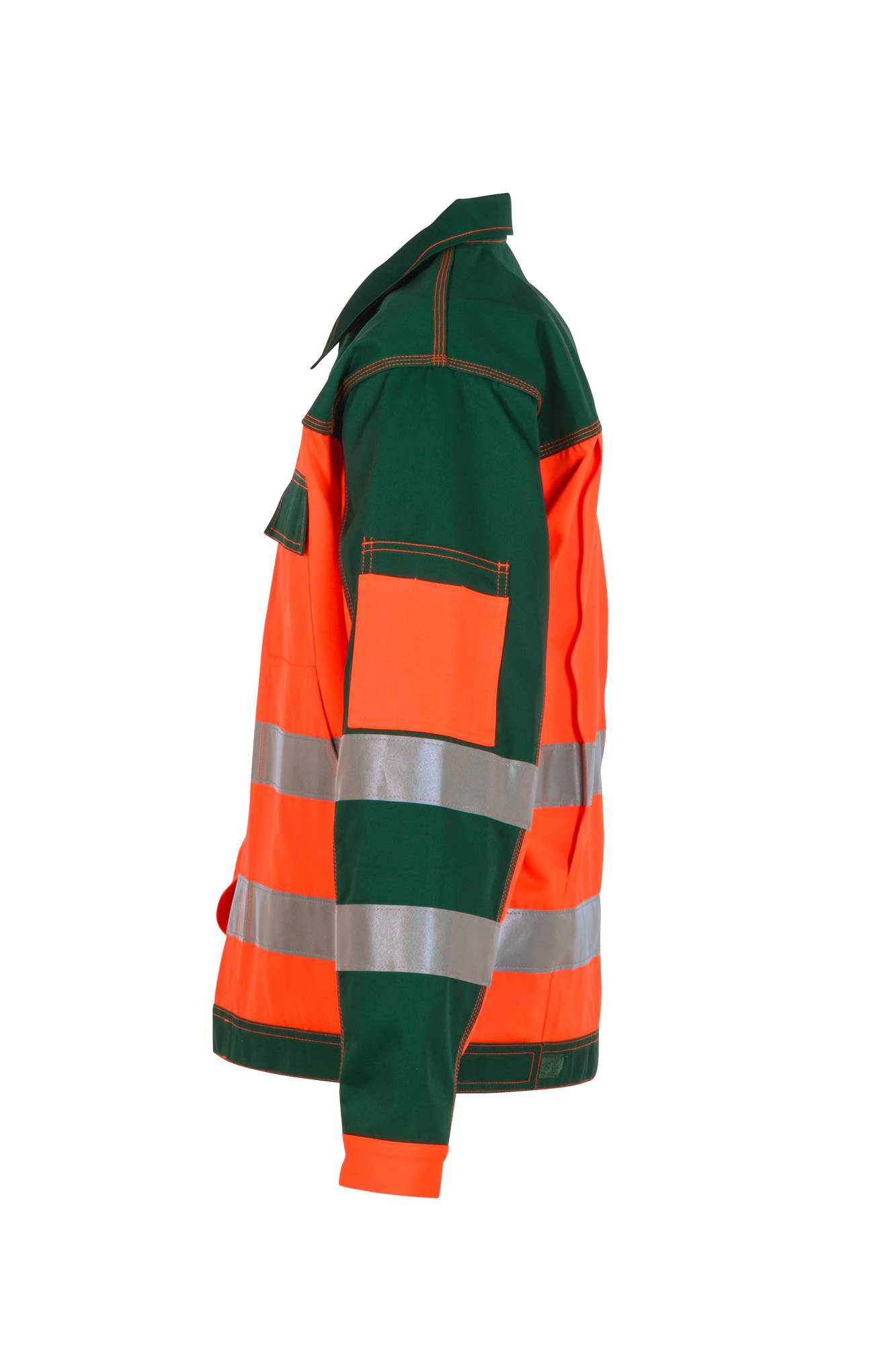Warnschutzjacke mit orangefarbenen und grünen Paneelen, reflektierenden silbernen Streifen, in Seitenansicht auf weißem Hintergrund dargestellt.