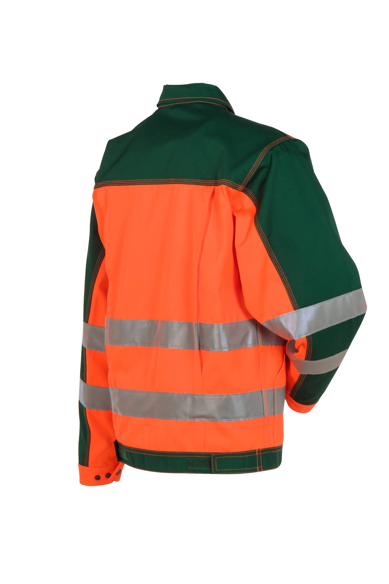 Warnweste mit hoher Sichtbarkeit von hinten gezeigt, mit orangefarbenem Körper, grünen Schultern und Ärmeln sowie reflektierenden silbernen Streifen.
