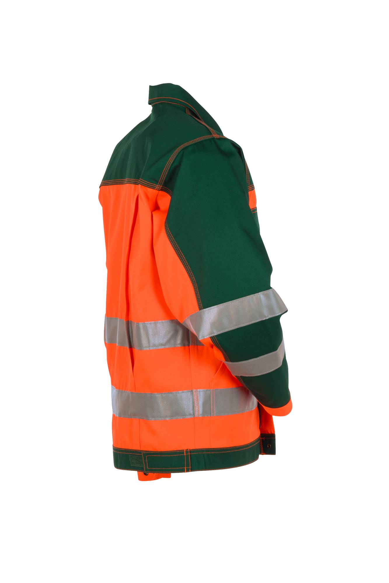Warnweste in Orange und Grün mit reflektierenden silbernen Streifen, gezeigt auf einfachem weißem Hintergrund.