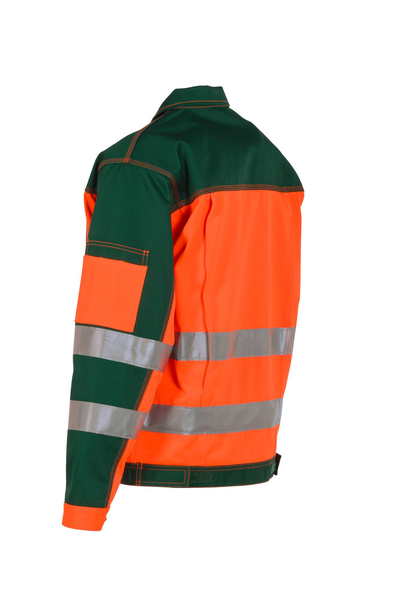 Hochsichtbarkeitssicherheitsjacke mit langen Ärmeln in Grün und Orange mit reflektierenden silbernen Streifen, von hinten auf weißem Hintergrund dargestellt.