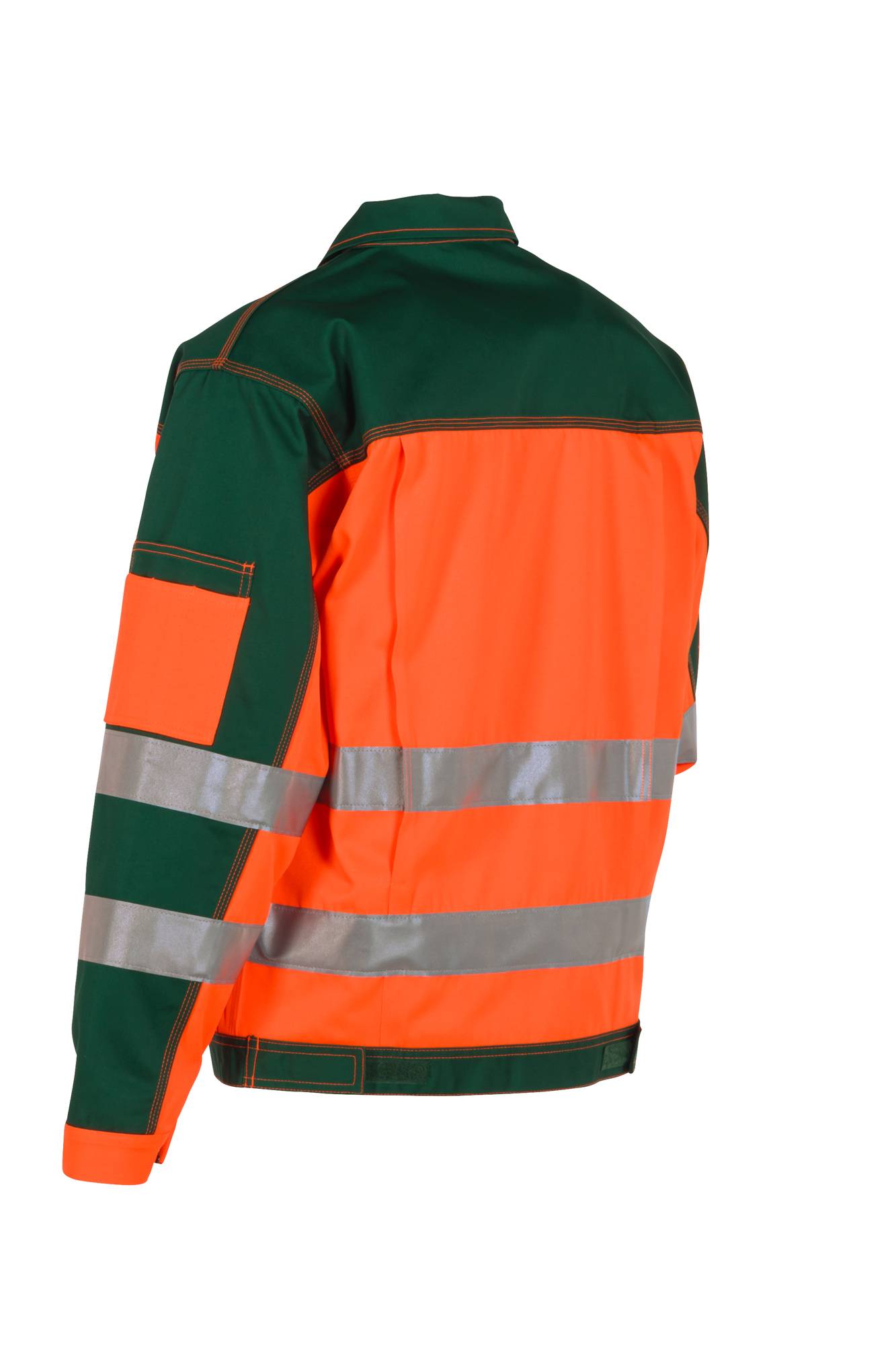 Warnweste mit orange- und dunkelgrünen Paneelen und reflektierenden silbernen Streifen, von hinten gezeigt.
