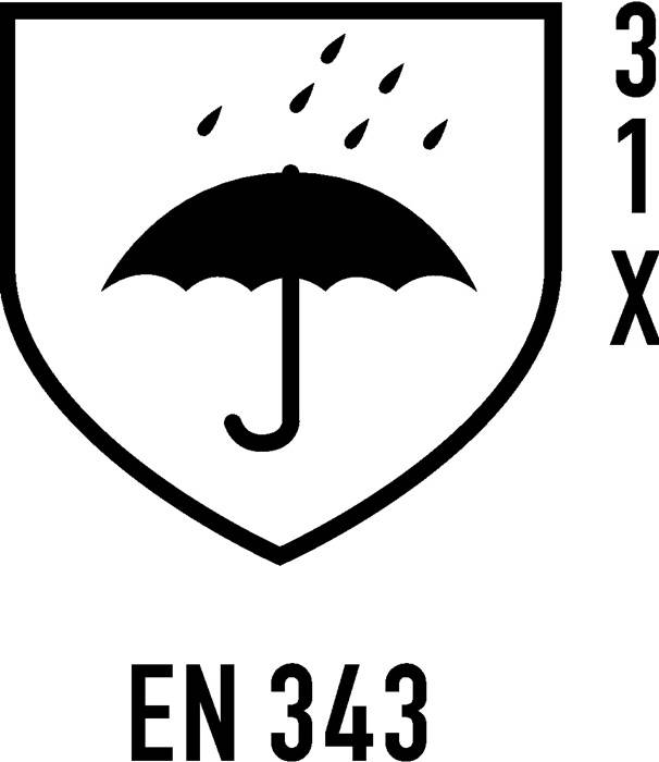 Sicherheitssymbol mit einem Regenschirm und Regentropfen und dem Text „EN 343