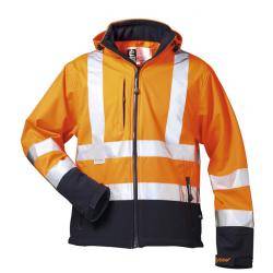 Warnschutz Softshell Jacke - Gr. S - orange/marine - EN ISO 20471 Kl. 3 - EN340 - 100% PES - Fleece-Futter - hoch abriebfest - abnehmbare Kapuze