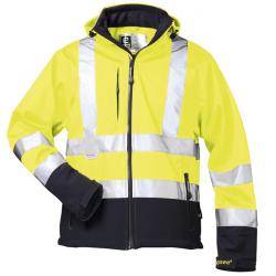 Eine gelb-schwarze Warnschutzjacke mit reflektierenden silbernen Streifen auf dem Torso und den Ärmeln, die für die Sicherheit bei schlechten Lichtverhältnissen konzipiert ist.