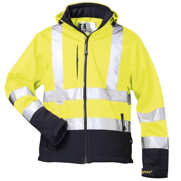 Warnschutz Softshell Jacke "Liam" - Gr. S - gelb/marine - EN ISO 20471 Kl. 3 - 100% PES - Fleece-Futter - hoch abriebfest - abnehmbare Kapuze
