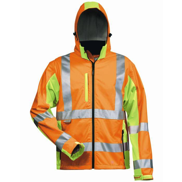 Eine leuchtend orange und gelbe Sicherheitswarnweste mit reflektierenden silbernen Streifen, mit einer Kapuze und einem Reißverschluss vorne.