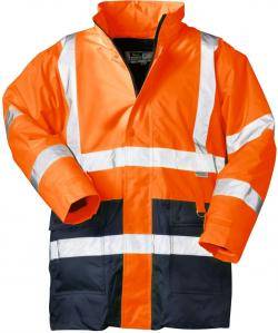 Eine helle orange und marineblau gehaltene Arbeitsjacke mit reflektierenden silbernen Streifen, entwickelt für Sichtbarkeit und Sicherheit bei Bau- oder Outdoorarbeiten.